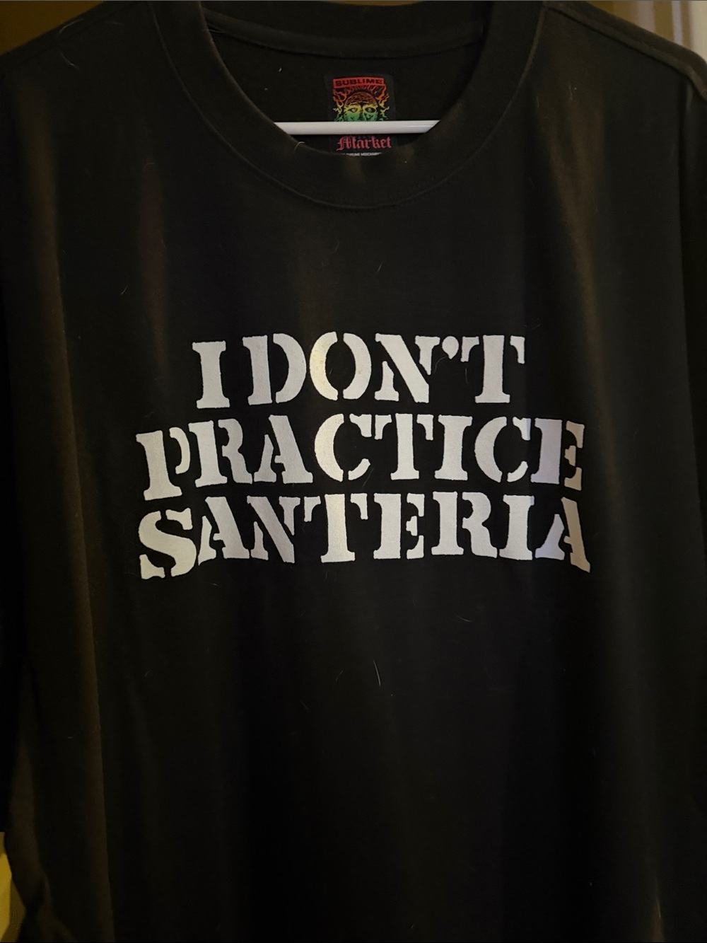 Market Black Short Sleeve Tee with 'I DON'T PRACTICE SANTERIA' Graphic